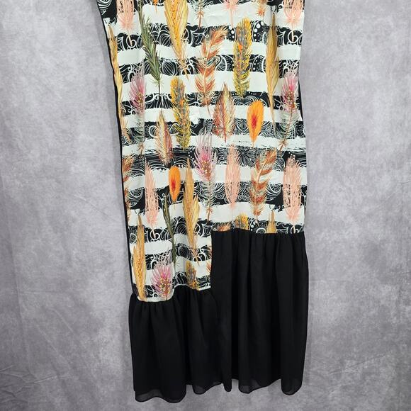 Takaya Siam Black Short Sleeve Maxi Feather Print Sheer Ruffle Dress Medium - Picture 4 of 8